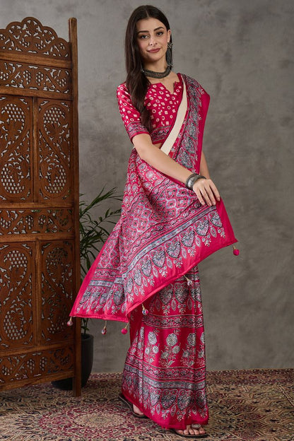 Cream and Red Pure Soft Modal Satin Ajrakh Print Satin Saree Japan Satin Saree Anant Tex Exports Pvt.Ltd..
