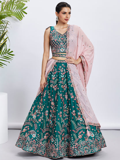 Green Georgette Sequins and Thread Embroidery Lehenga Choli &amp; Dupatta