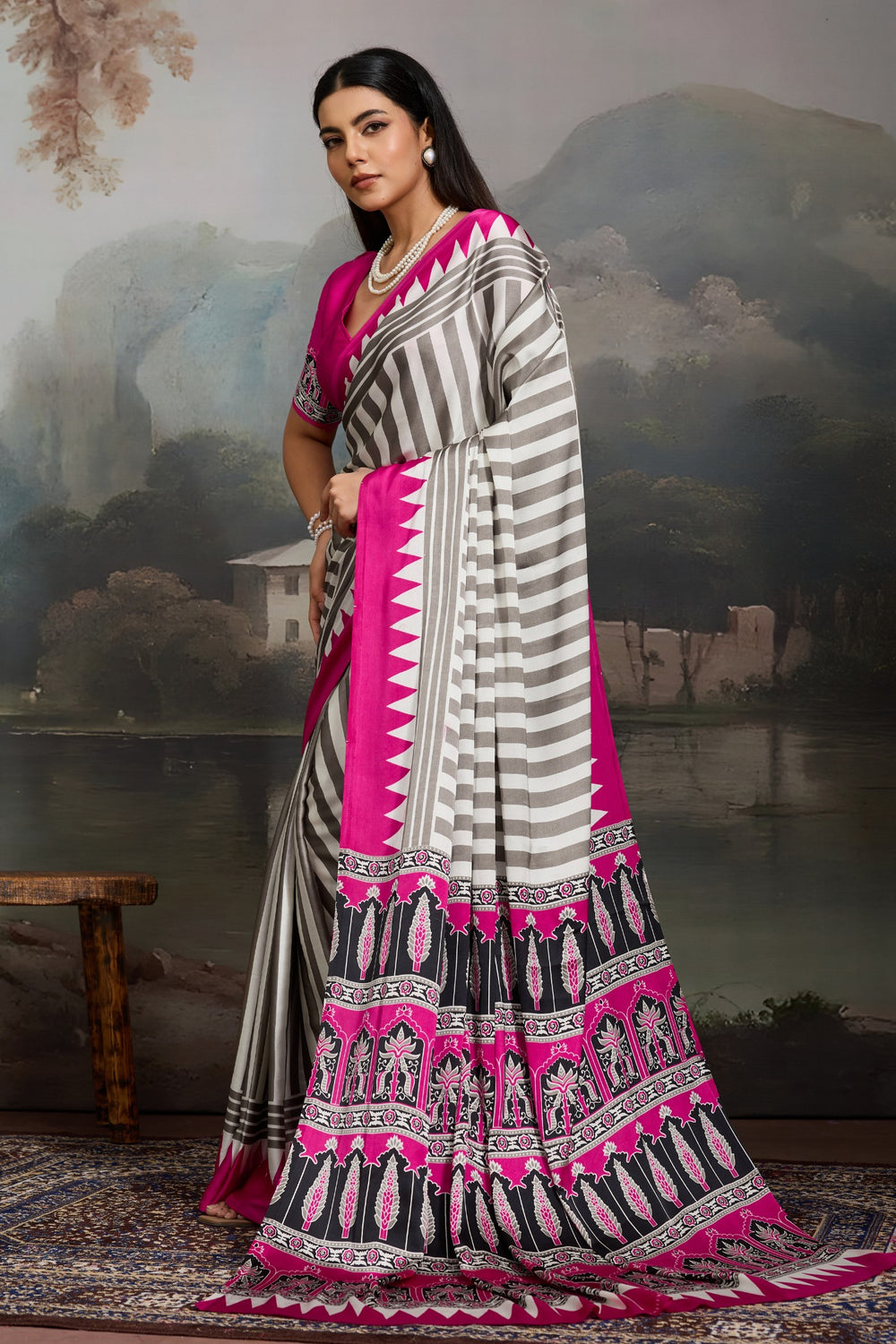 White and Pink Pure Ajrakh Printed Satin Crepe Silk Saree 
