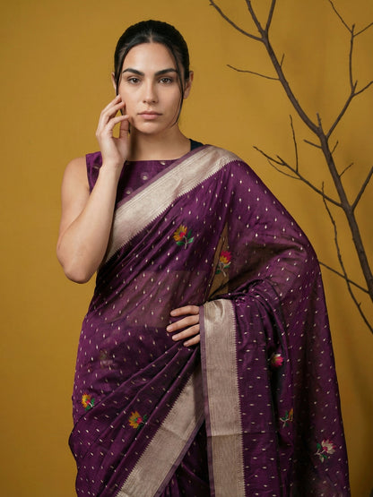 Wine Pure Organza Silk Meenakari Jamdani Zari Woven Organza Saree