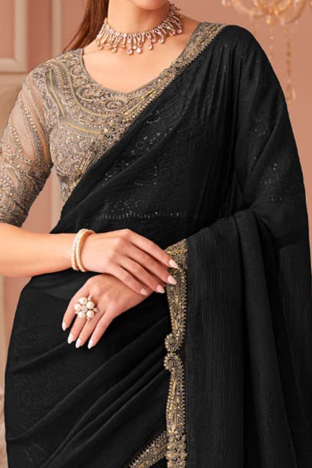 Black Red Pure Georgette Silk With Floral Sequins Saree 