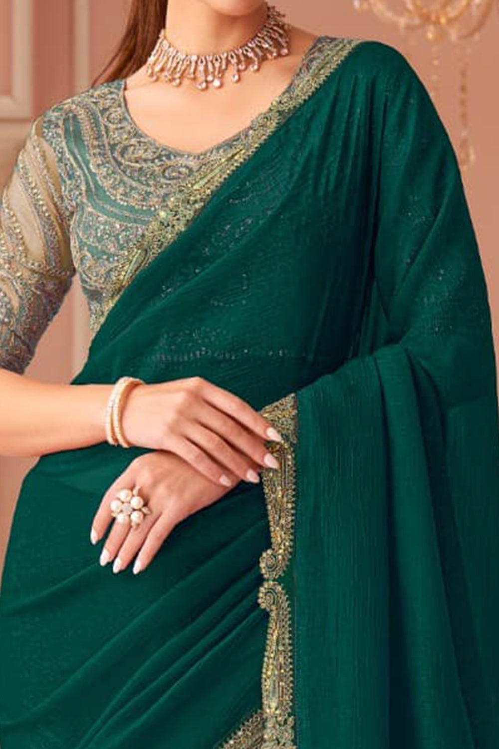 Green Pure Georgette Silk With Floral Sequins Saree 