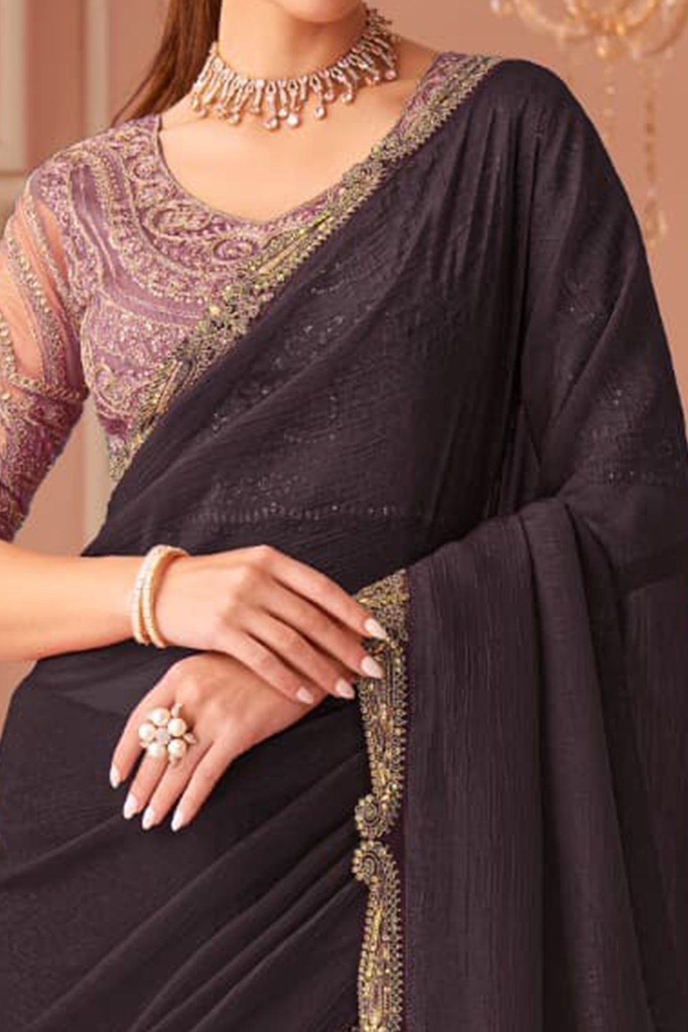 Wine Pure Georgette Silk With Floral Sequins Saree 