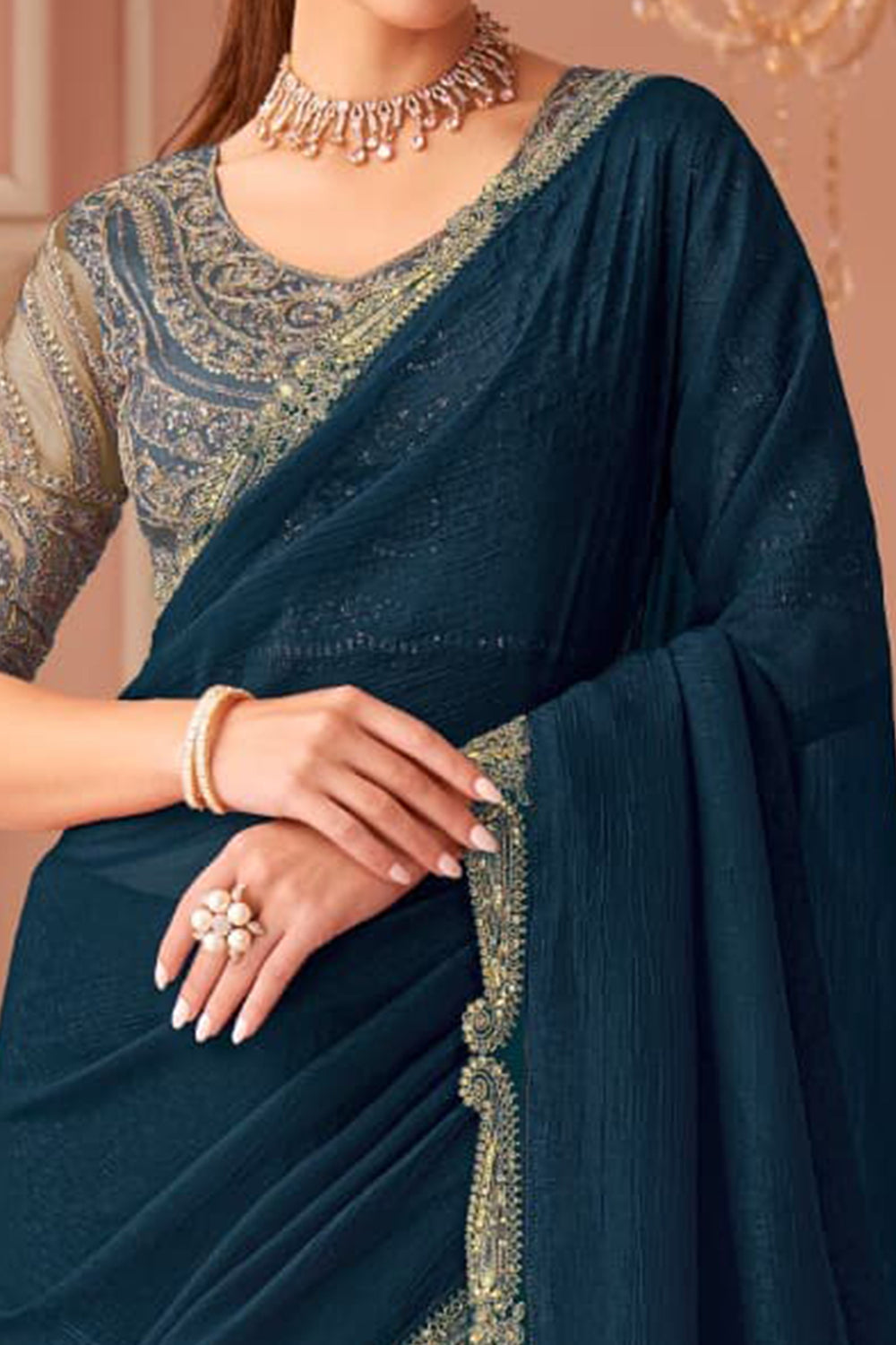 Teal Pure Georgette Silk With Floral Sequins Saree 