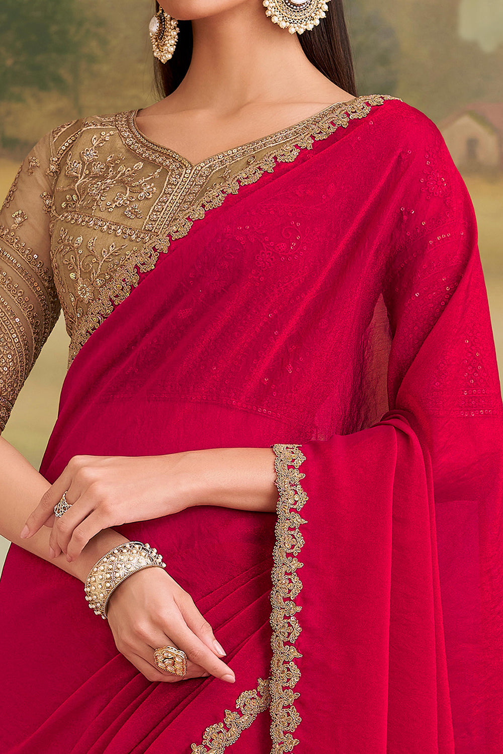 Cherry Red Pure Georgette Burberry Silk With Floral Sequins Saree 