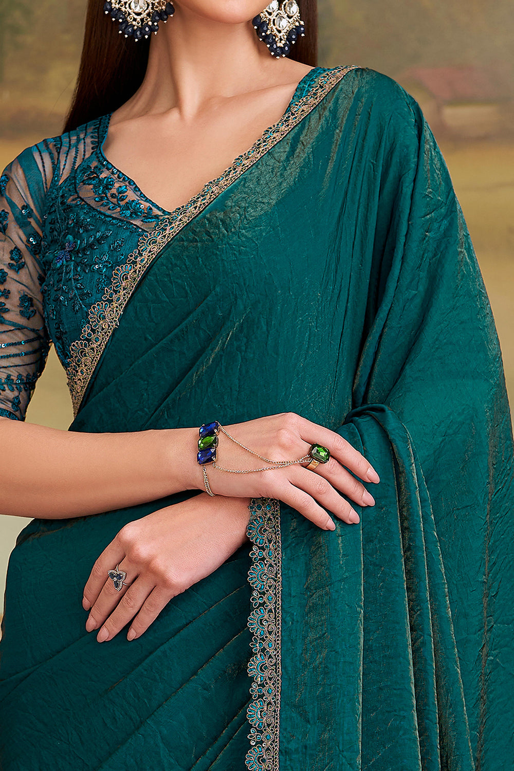 Dark Teal Pure Georgette Silk With Floral Sequins Saree