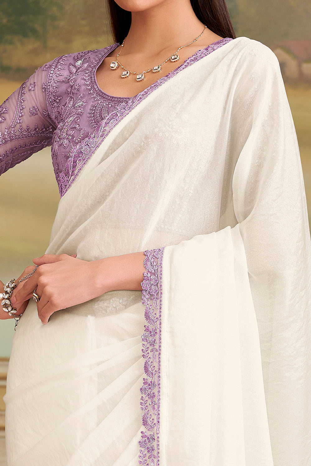 White Red Pure Georgette Silk With Floral Sequins Saree 