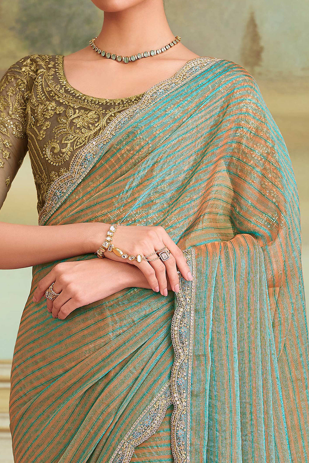 Charming Turquoise Pure Georgette Silk With Floral Sequins Saree 