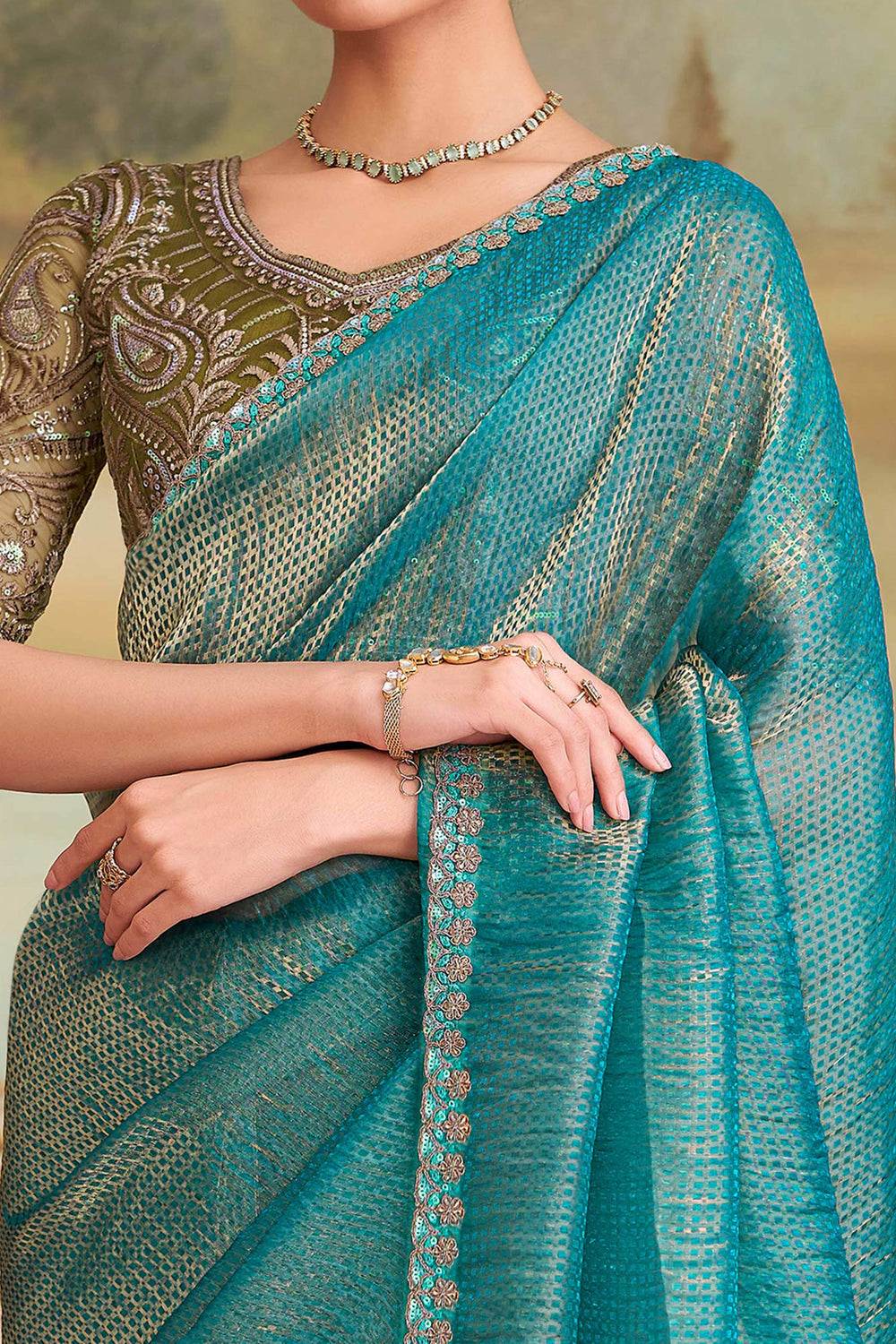 Golden Blue Pure Georgette Silk With Floral Sequins Saree 