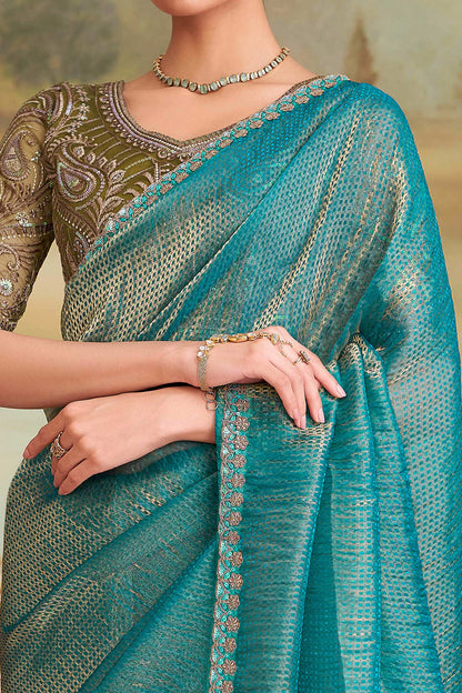 Golden Blue Pure Georgette Silk With Floral Sequins Saree 