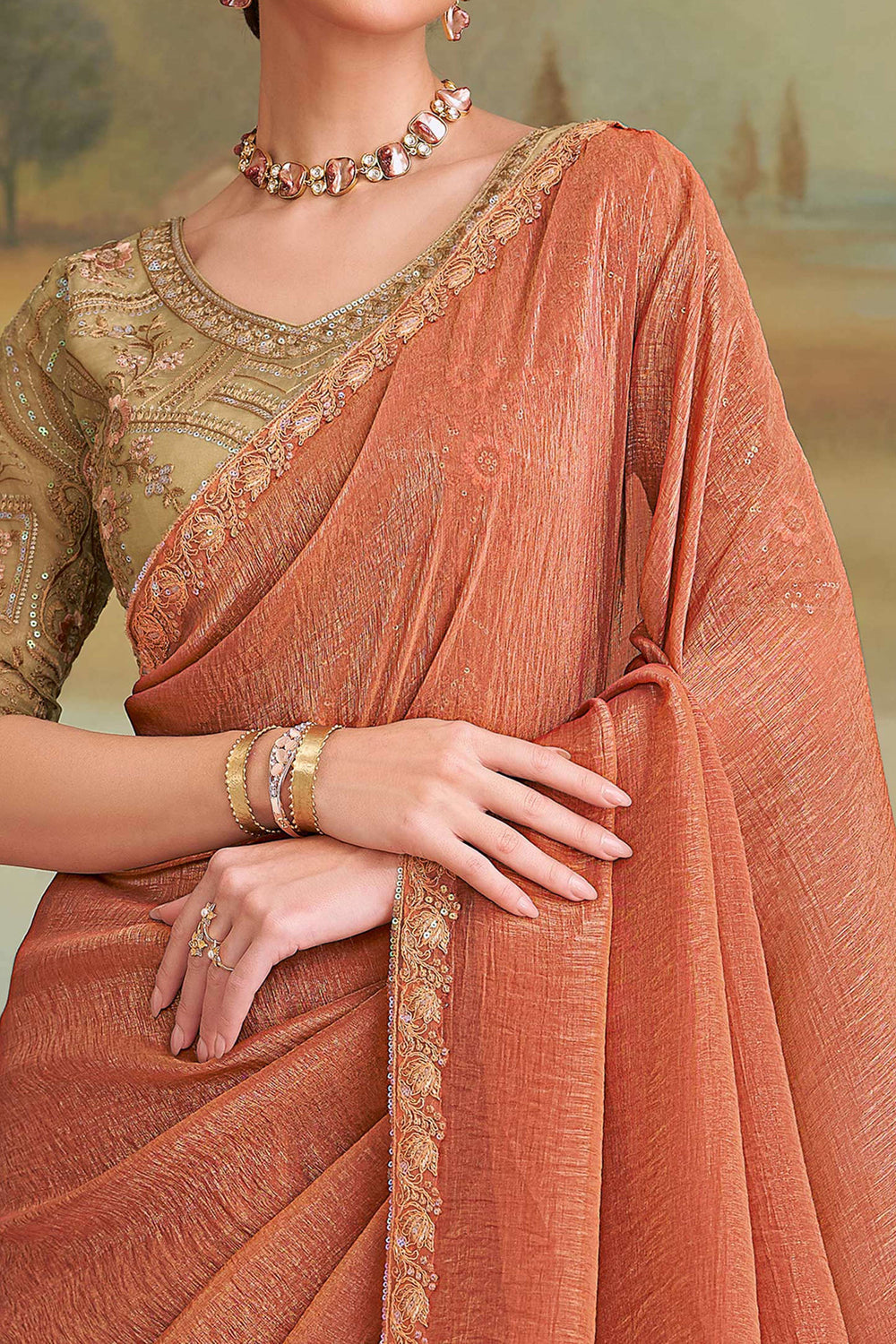 Orange Pure Georgette Silk With Floral Sequins Saree 