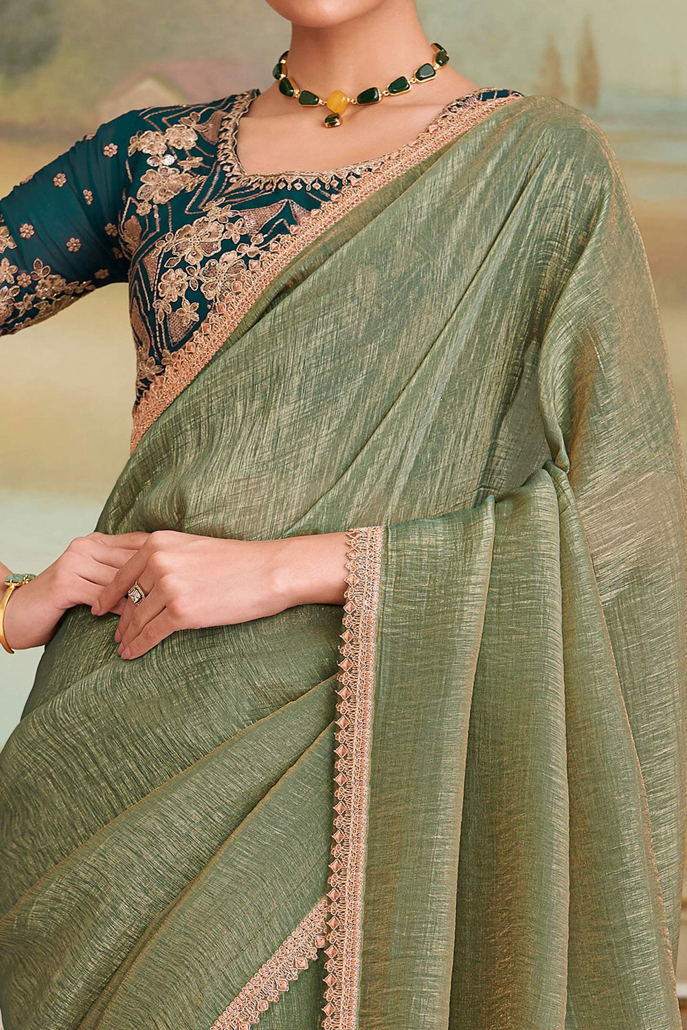 Pista Green Pure Georgette Silk With Floral Sequins Saree 