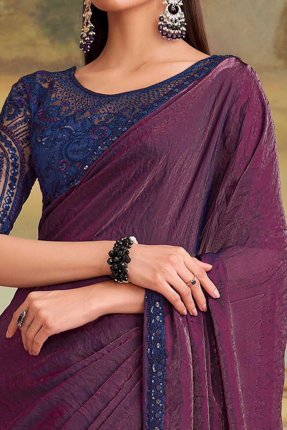 Wine Pure Georgette Silk With Floral Sequins Saree 