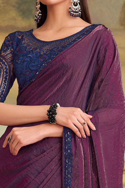 Wine Pure Georgette Silk With Floral Sequins Saree 