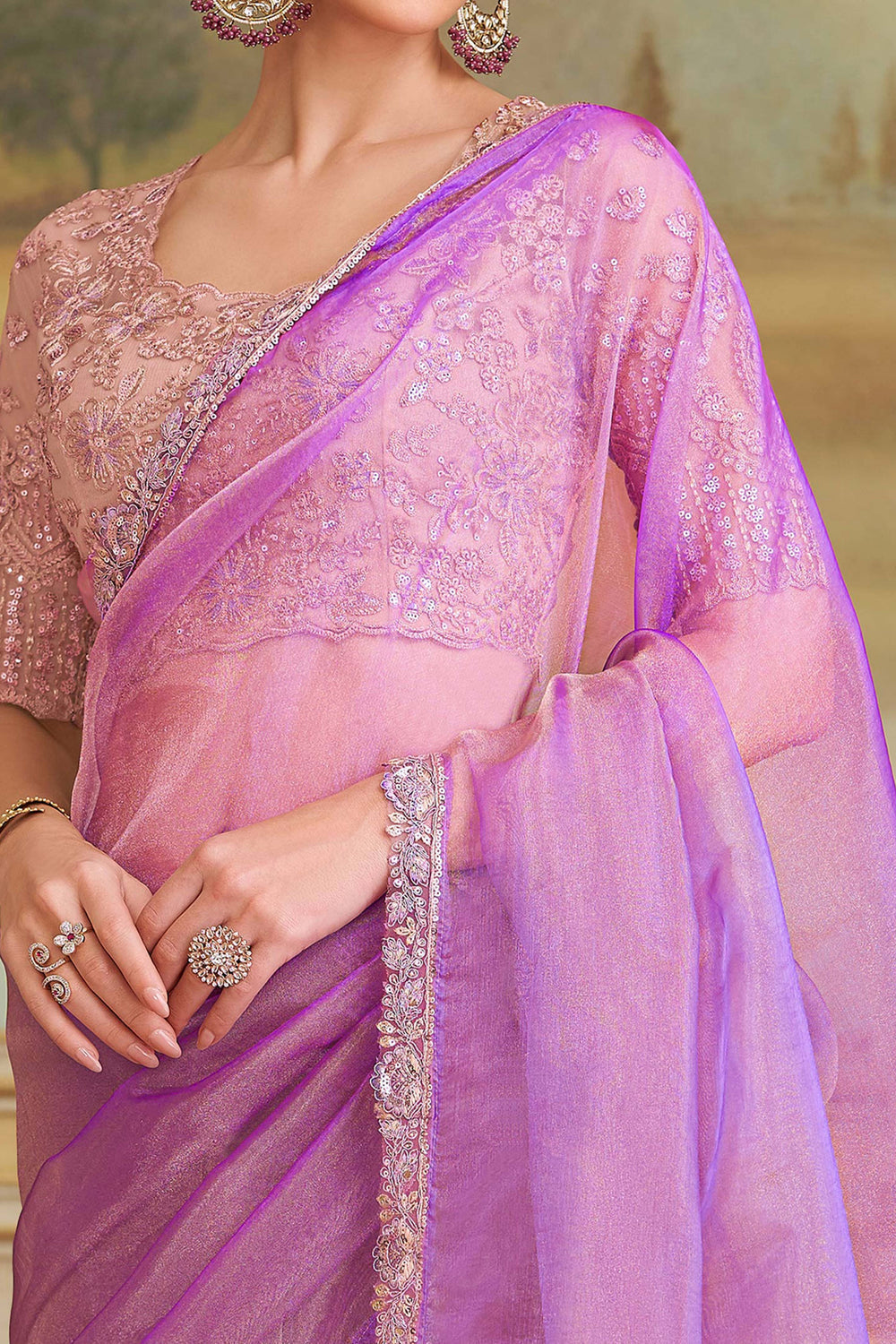 Magenta Pure Georgette Silk With Floral Sequins Saree 