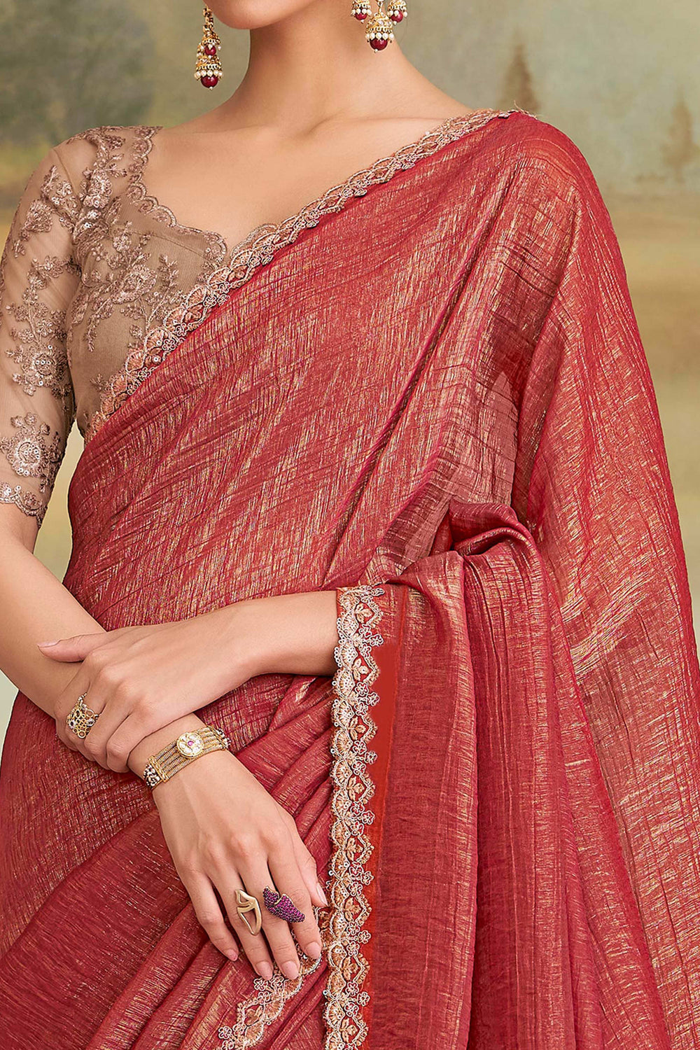 Brick Red Pure Georgette Silk With Floral Sequins Saree 