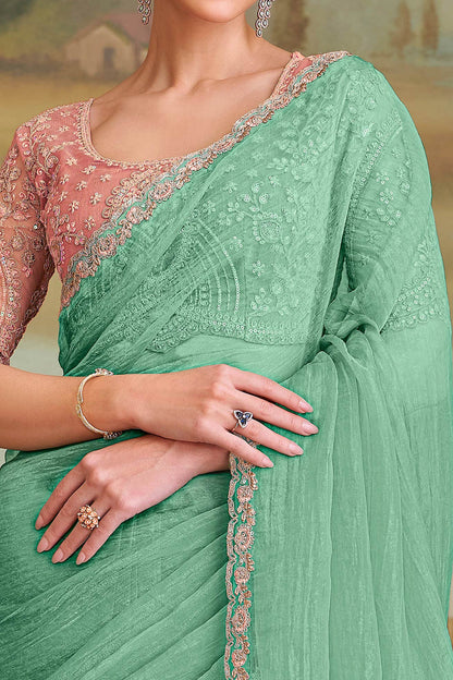 Sea Green Pure Georgette Silk With Floral Sequins Saree 