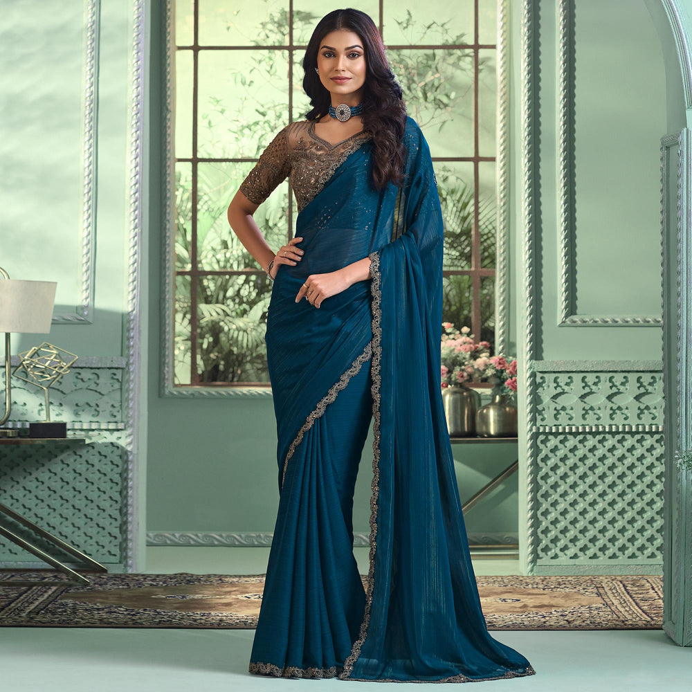 Teal Pure Georgette Burberry Silk With Floral Sequins Saree 