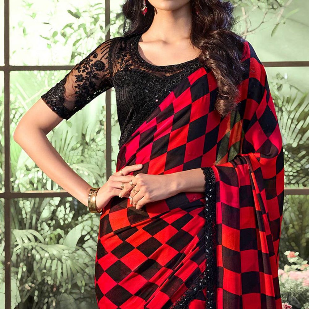 Red & Black Pure Georgette Burberry Silk With Floral Sequins Saree ##color## Georgette Saree with premium fabric and embroidery