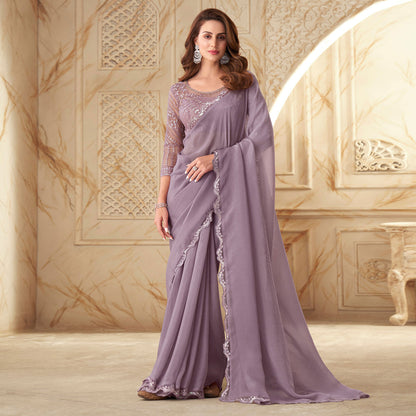 Lavender Pure Georgette Burberry Silk With Floral Sequins Saree 