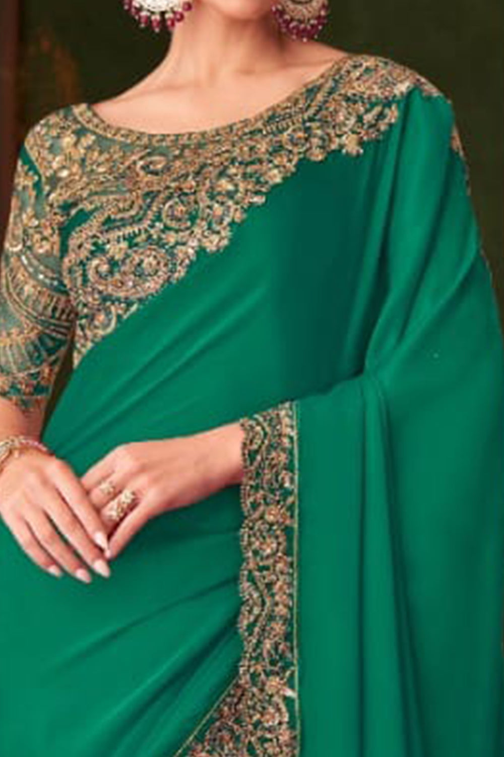 Green Pure Georgette Satin Silk With Floral Sequins Saree 