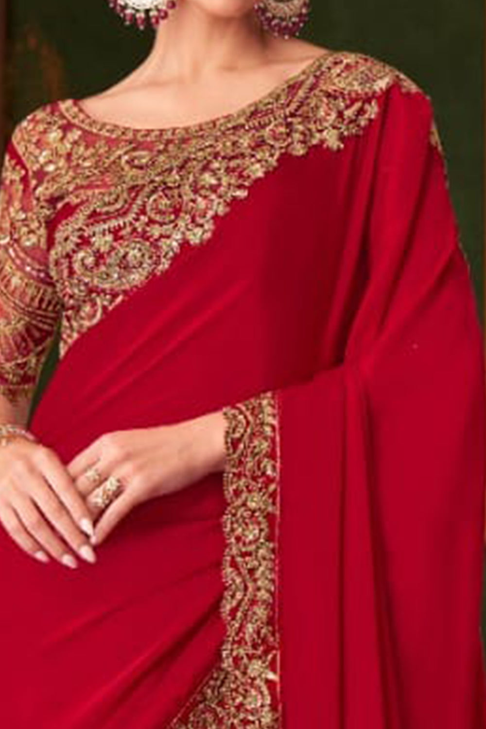 Red Pure Georgette Satin Silk With Floral Sequins Saree 