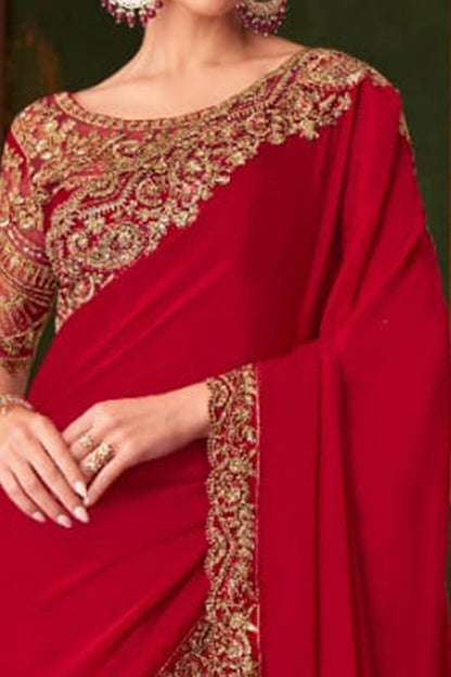 Red Pure Georgette Satin Silk With Floral Sequins Saree 