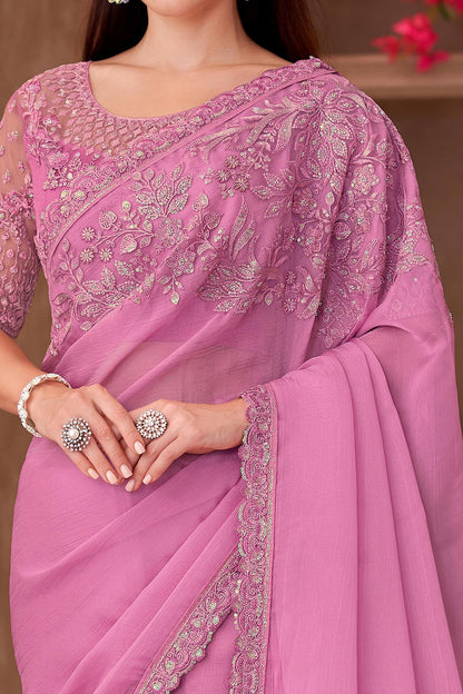 Pink Pure Georgette Chiffon With Embroidery Sequins Saree 