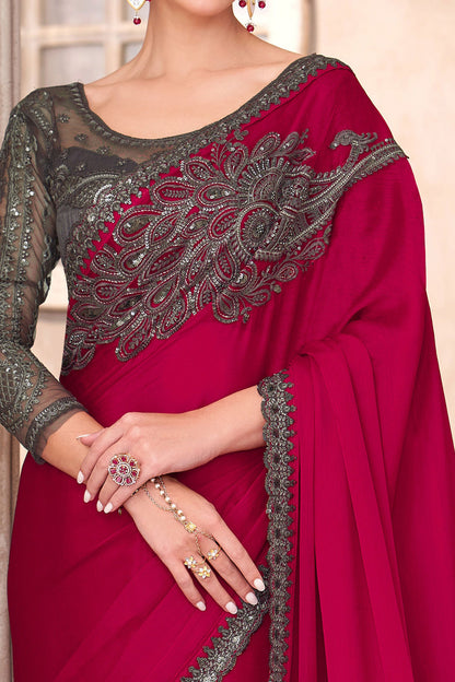Red Pure Georgette Chiffon With Embroidery Sequins Saree 