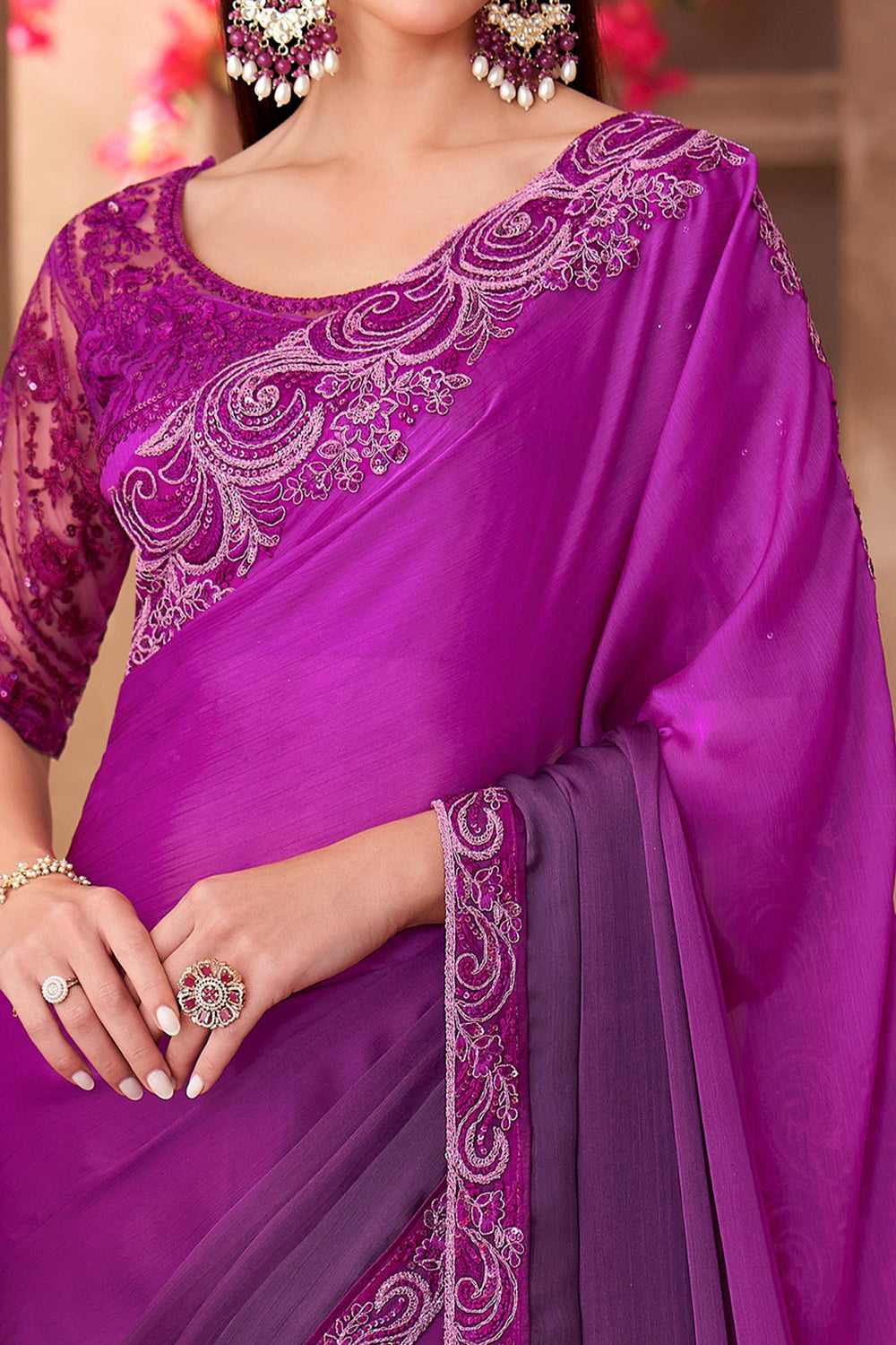 Magenta Pure Georgette Chiffon With Embroidery Sequins Saree 