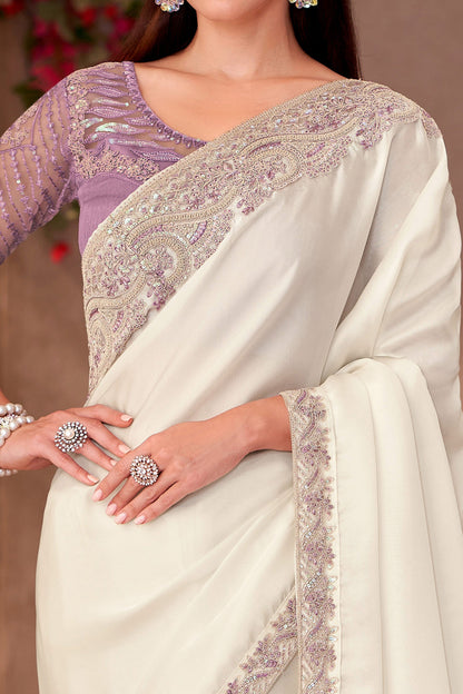 White Pure Georgette Chiffon With Embroidery Sequins Saree 