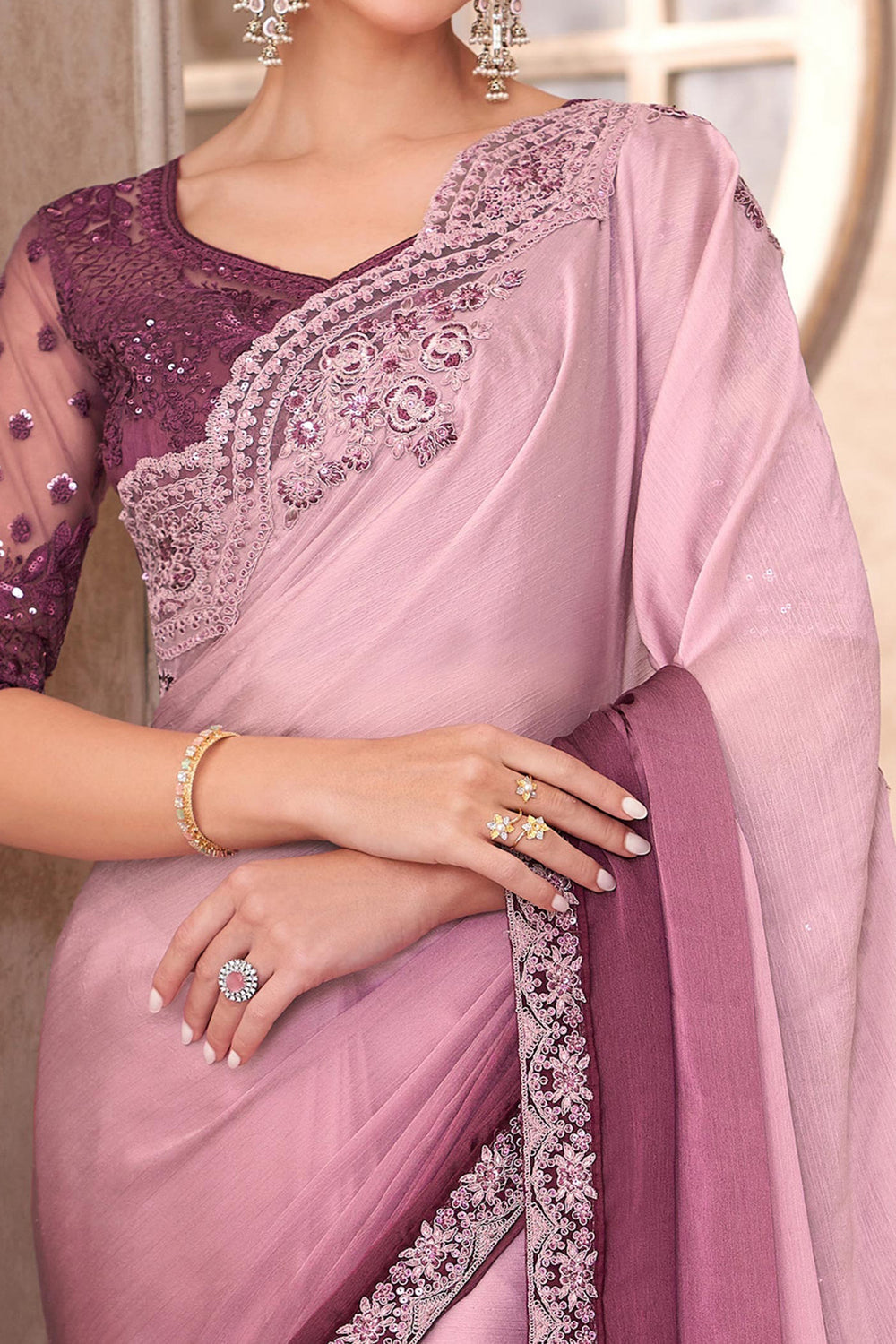 Pink &amp; Wine Pure Georgette Chiffon With Embroidery Sequins Saree 