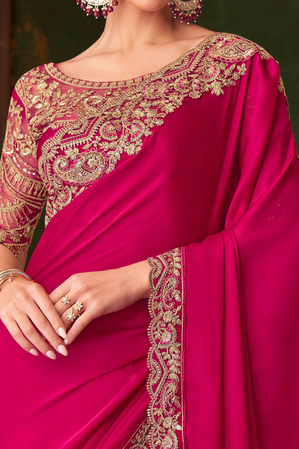 Hot Pink Pure Georgette Satin Silk With Floral Sequins Saree 