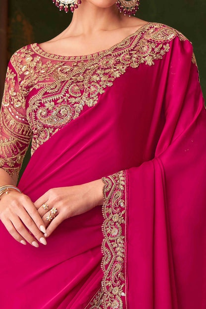 Hot Pink Pure Georgette Satin Silk With Floral Sequins Saree 