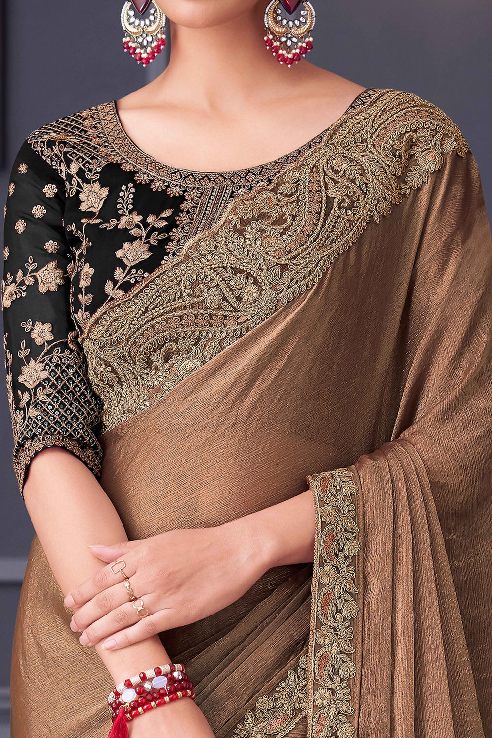 Brown Pure Georgette Chiffon With Embroidery Sequins Saree 