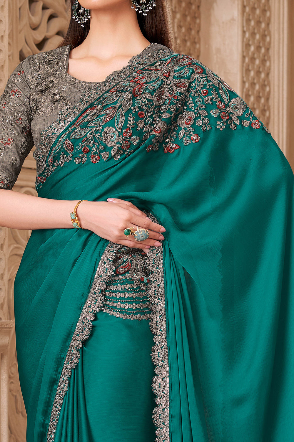 Rama Green Pure Soft Satin Elegant Embroidered Work Satin Saree 