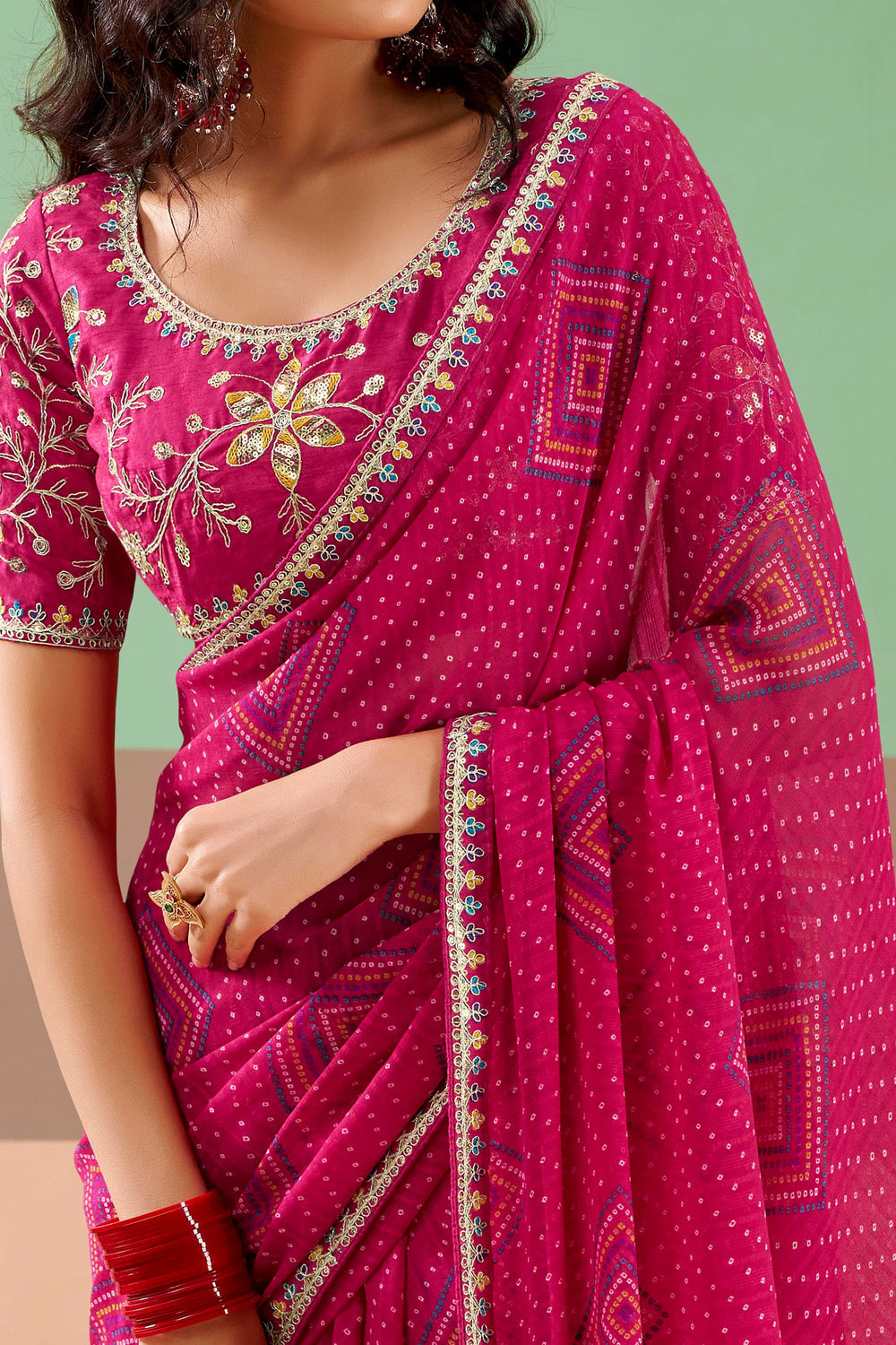 Pink Pure Georgette Chiffon Bandhani Print Saree 