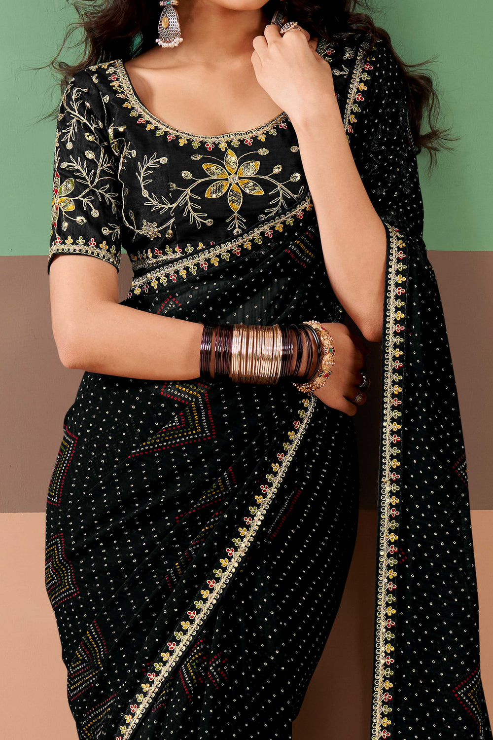 Black Pure Georgette Chiffon Bandhani Print Saree ##color## Georgette Saree with premium fabric and embroidery