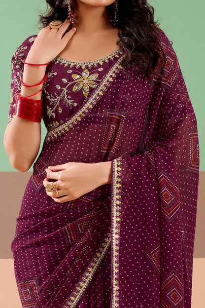 Wine Pure Georgette Chiffon Bandhani Print Saree 
