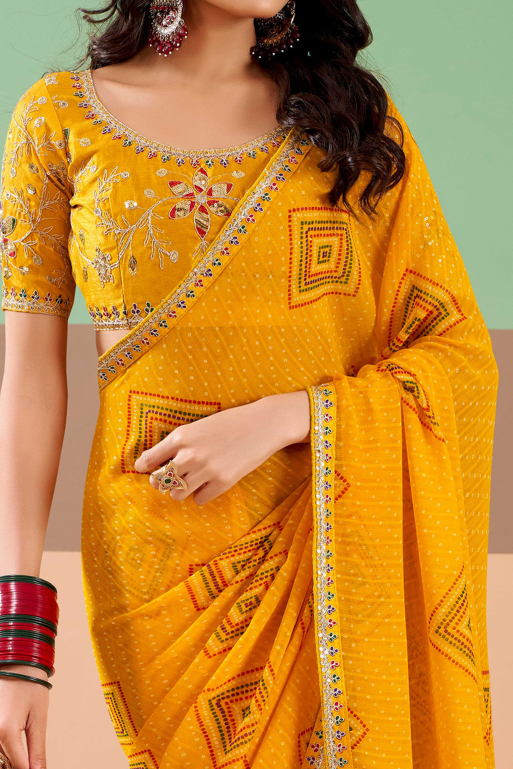 Mustard Pure Georgette Chiffon Bandhani Print Saree ##color## Georgette Saree with premium fabric and embroidery