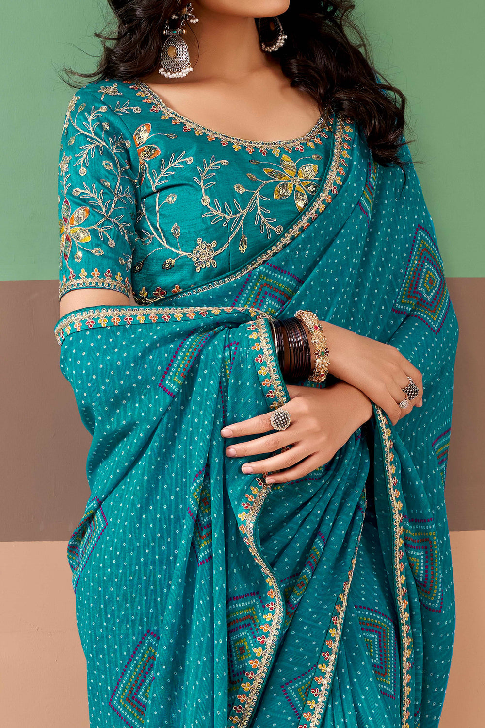 Blue Pure Georgette Chiffon Bandhani Print Saree