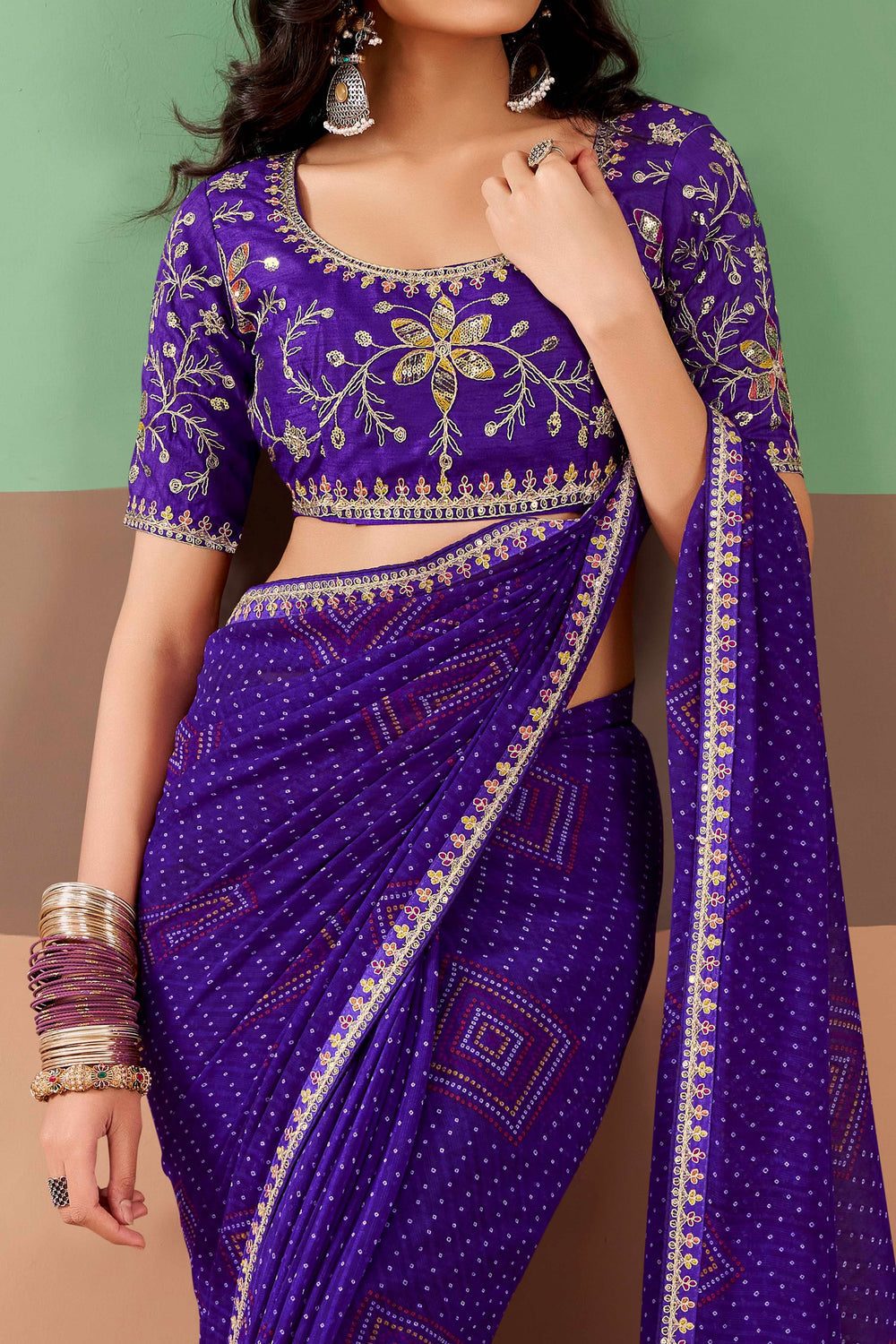 Purple Pure Georgette Chiffon Bandhani Print Saree