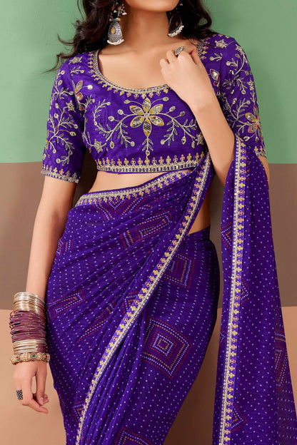 Purple Pure Georgette Chiffon Bandhani Print Saree 