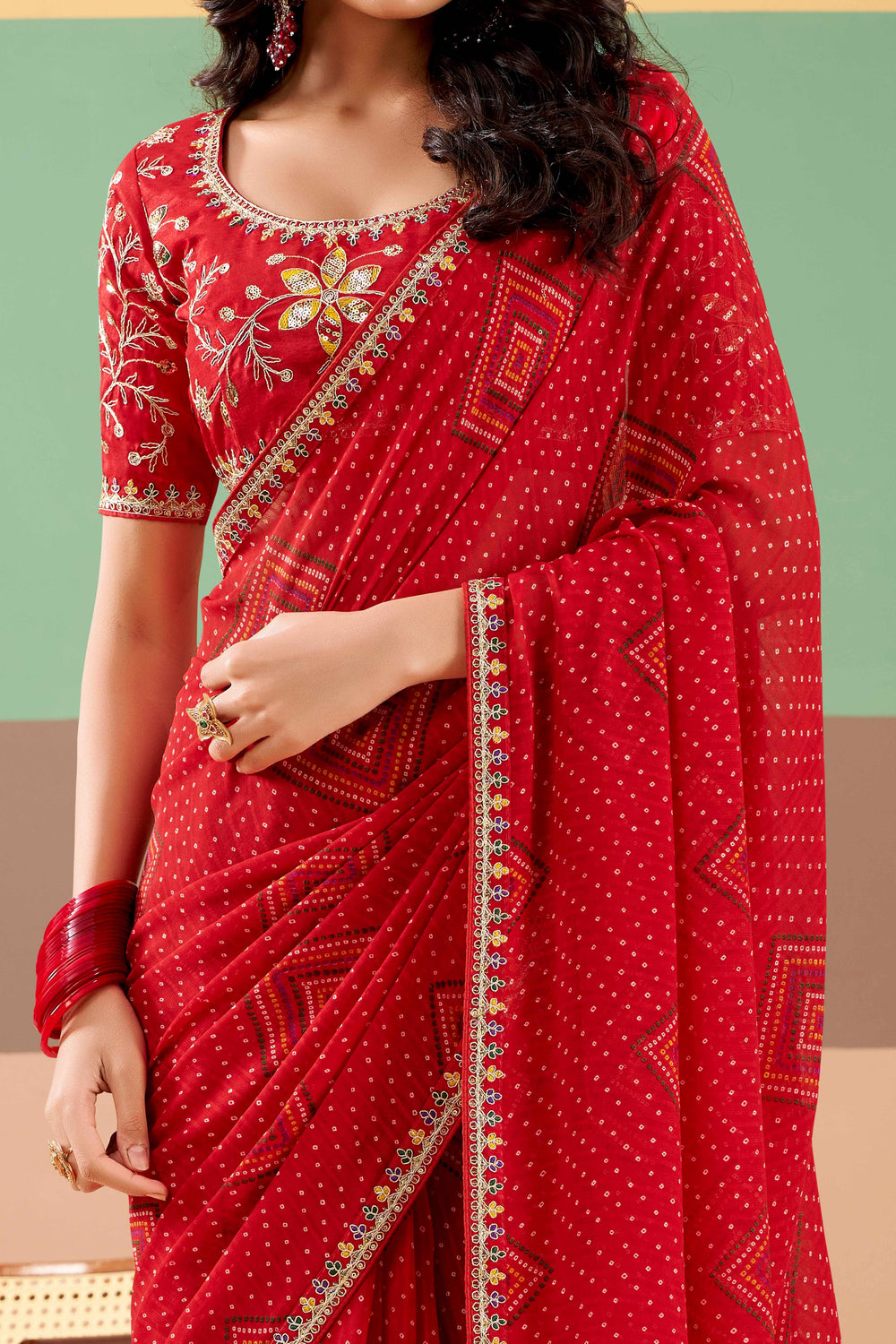 Red Pure Georgette Chiffon Bandhani Print Saree ##color## Georgette Saree with premium fabric and embroidery