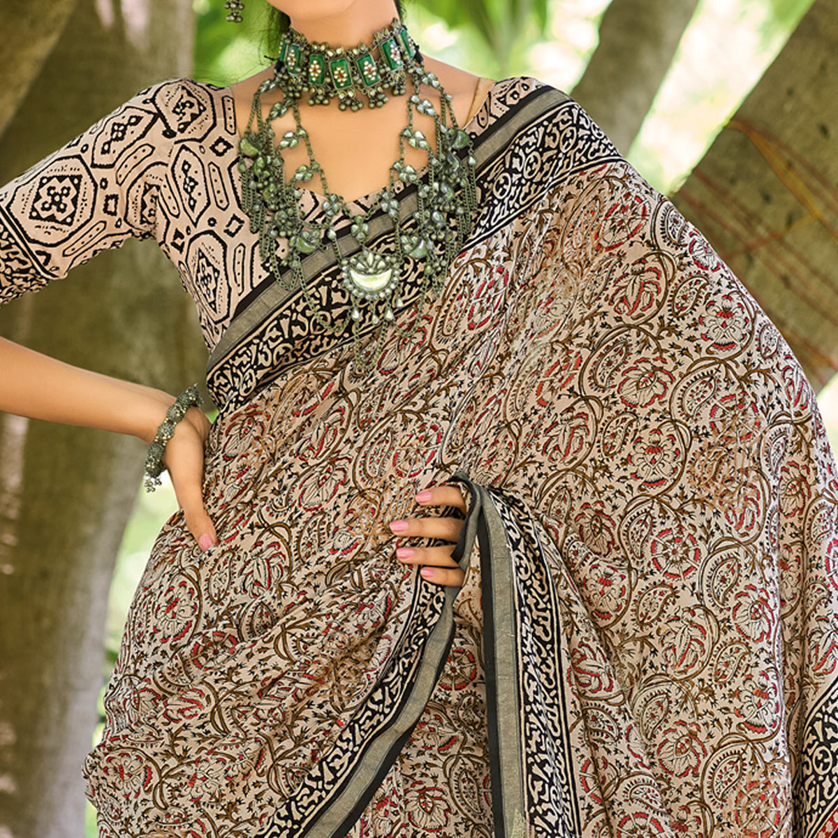 Mulmul Cotton Handblock Print Saree