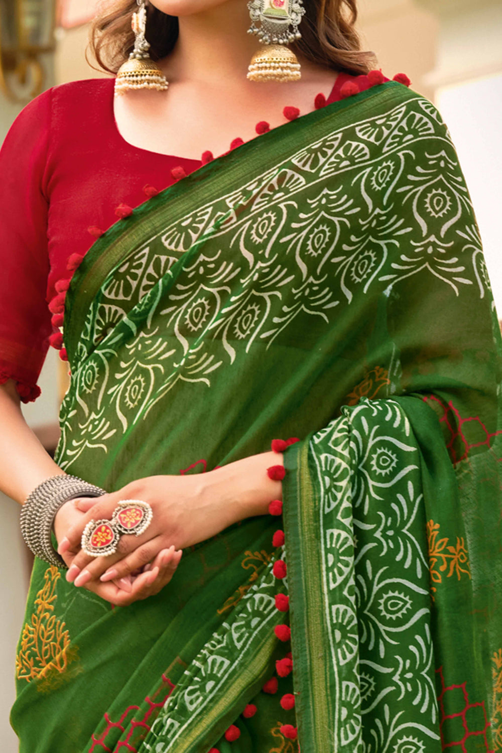 Green Pure Soft Mul Mul Cotton Pum Pum Cotton Saree