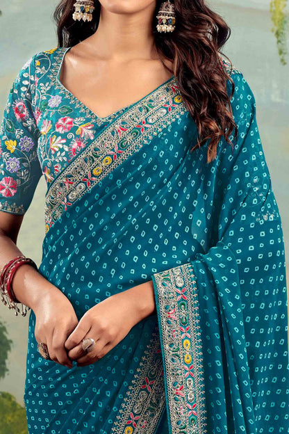 Teal Bandhani Printed Georgette Saree With Embroidered Border 