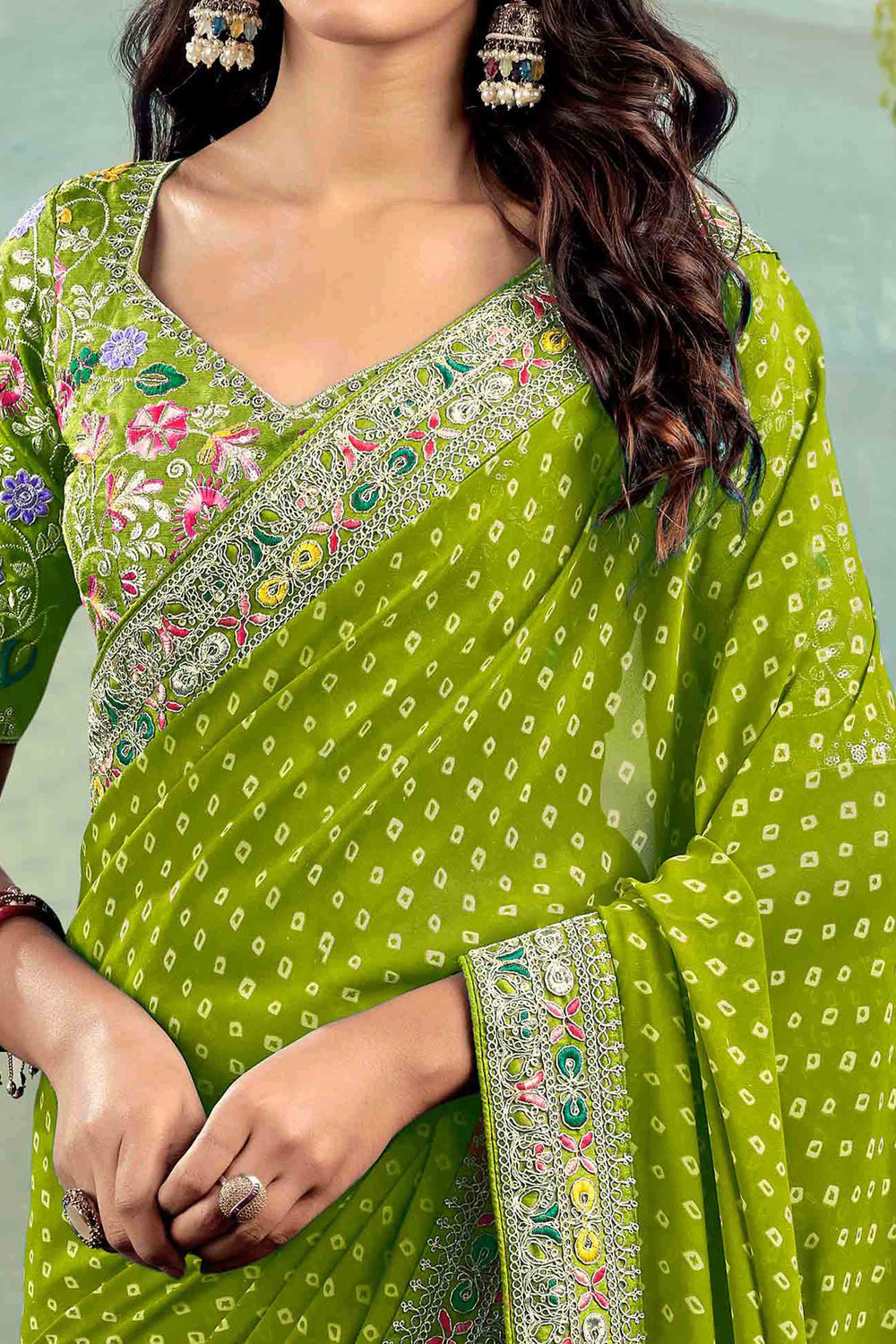 Green Bandhani Printed Georgette Saree With Embroidered Border ##color## Georgette Saree with premium fabric and embroidery