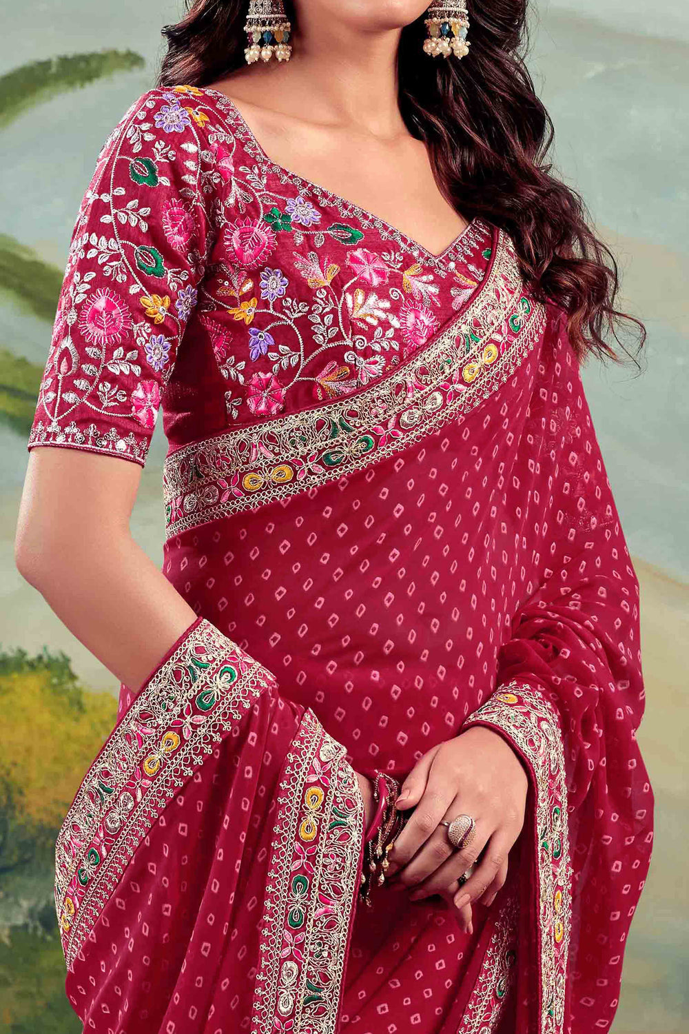 Maroon Bandhani Printed Georgette Saree With Embroidered Border 