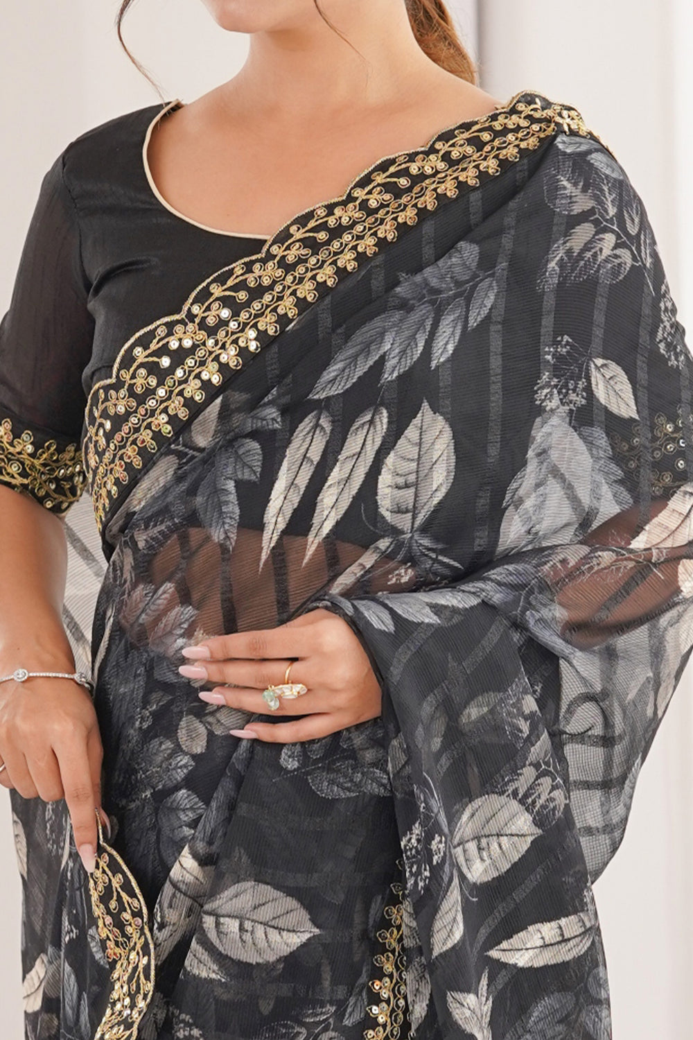 Black Pure Georgette Floral Print Sequins Saree 